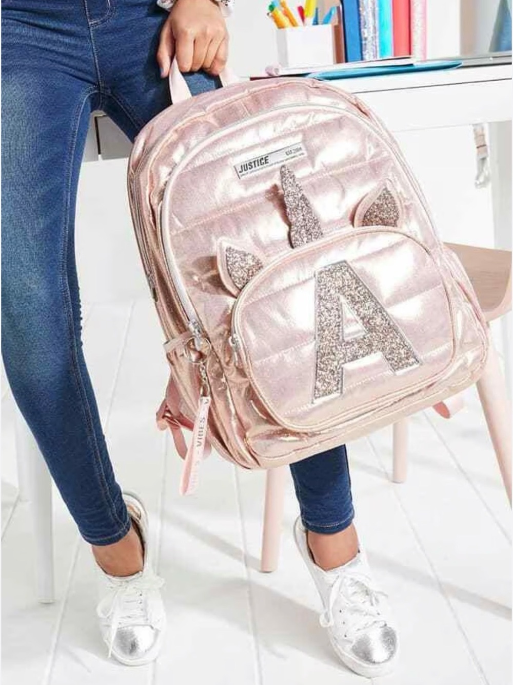 Justice Rose Gold Glitter Unicorn only letter M and one L Backpack